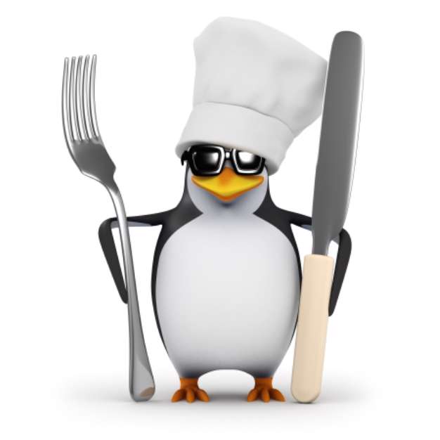 3d Penguin chef is ready with knife and fork