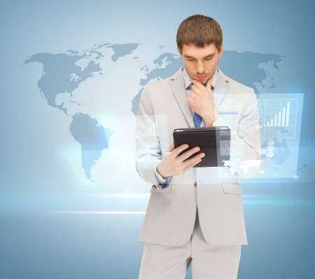 man working with tablet pc and virtual screen