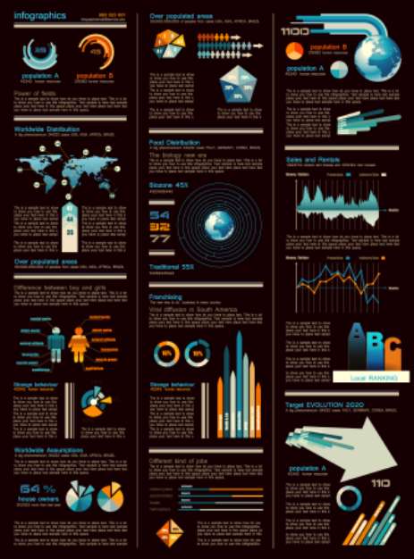 Infographic sheet dark version with a lot of design elements