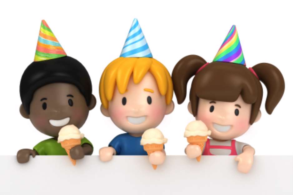 3d render of kids in a party and blabkboard
