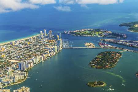 aerial of town and beach of Miami
