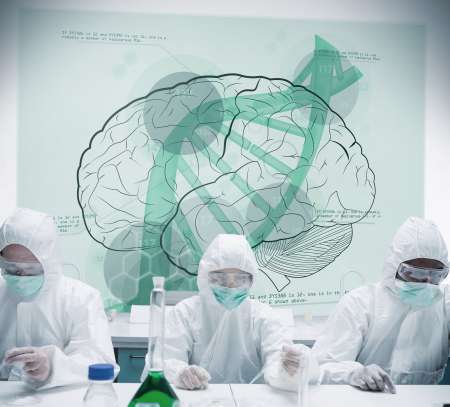 Chemists working with futuristic interface showing scientific di