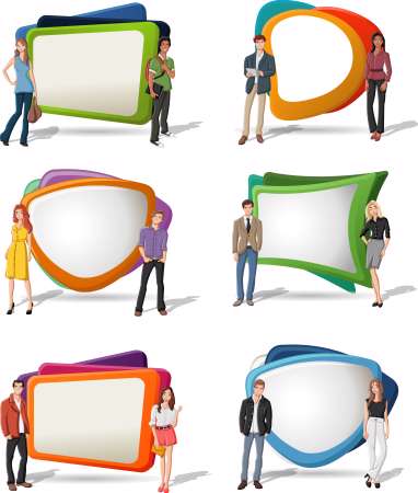 Cartoon young people in front of colorful screens