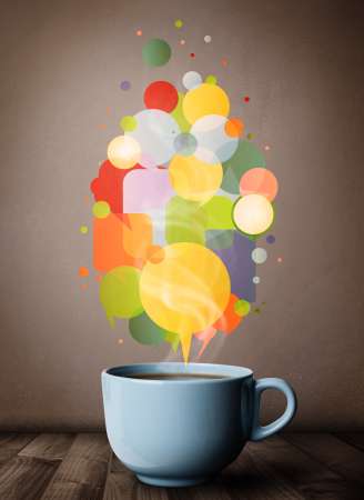 Tea cup with colorful speech bubbles