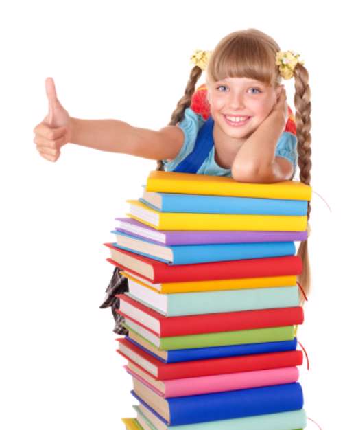 Schoolgirl with pile of books and showing thumb up.