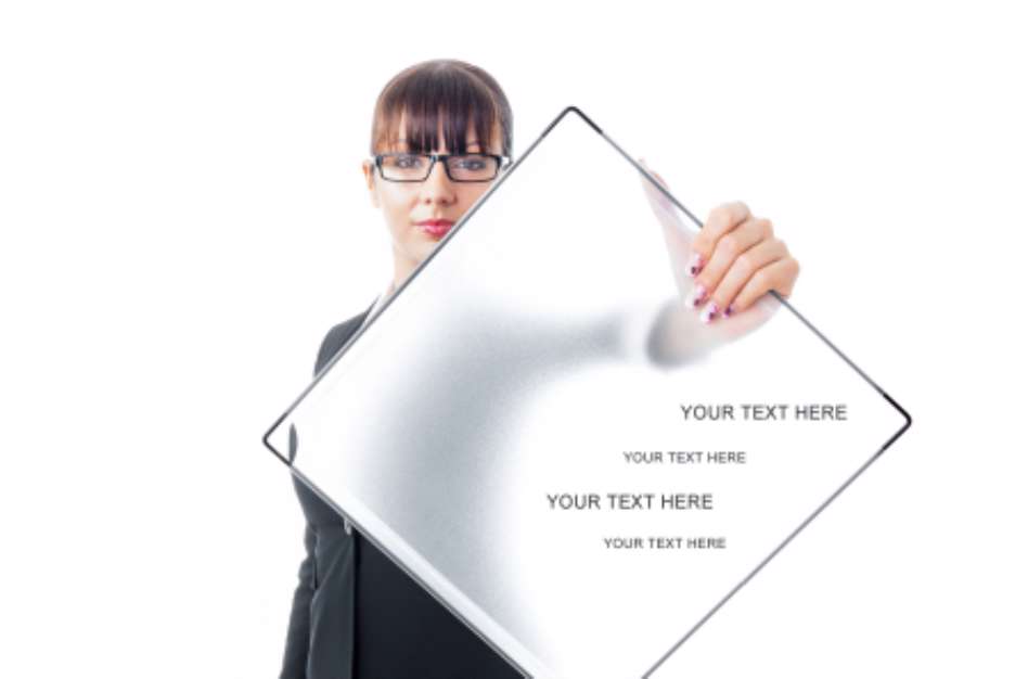 Formal business woman with signboard, space for text