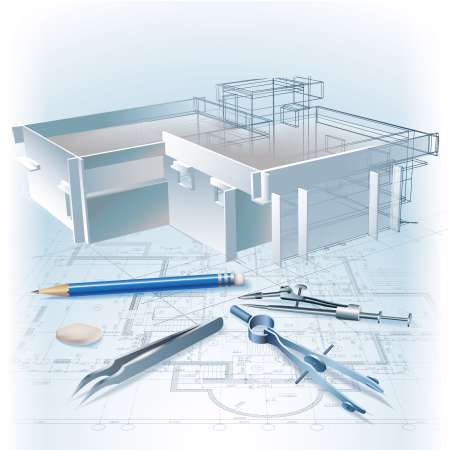 Architectural background with a 3D building model