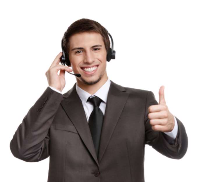 Thumbing up operator puts earphones with microphone