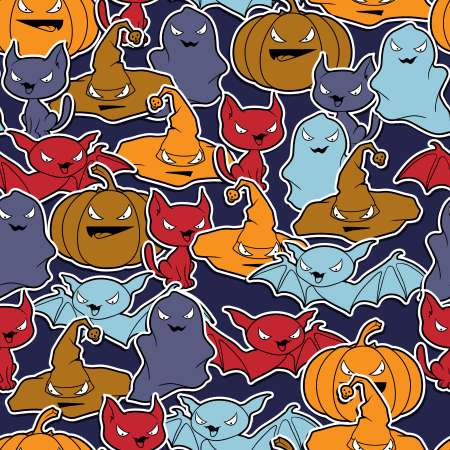 Vector background of Halloween-related objects and creatures.
