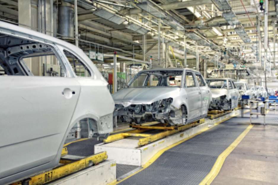 cars in a row at car plant