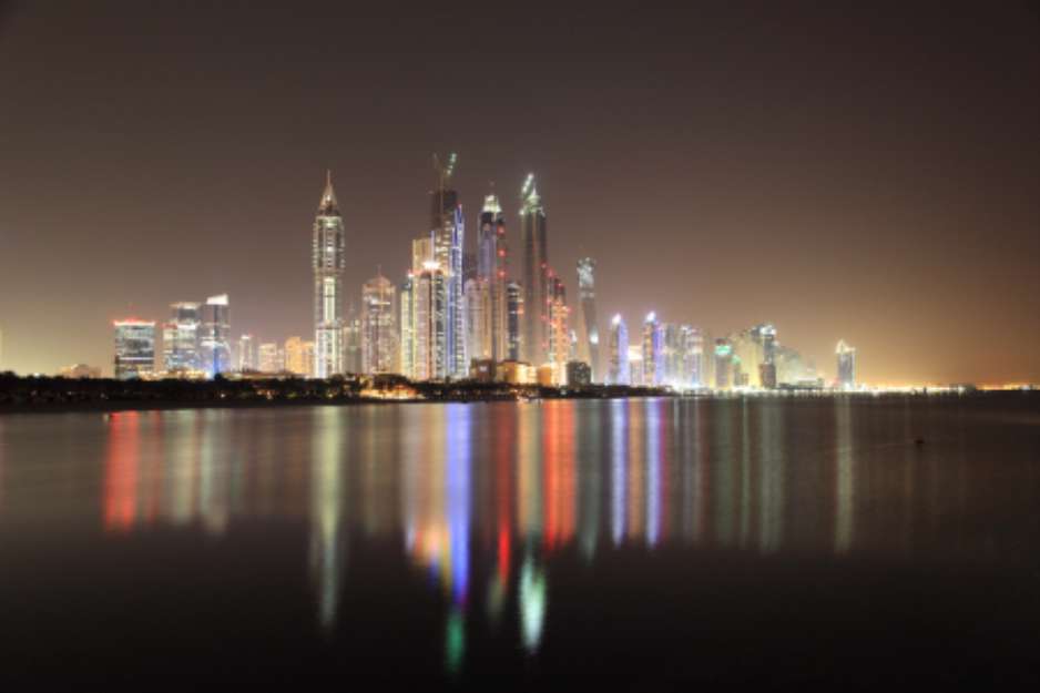 Dubai Marina skyline at night. United Arab Emirates