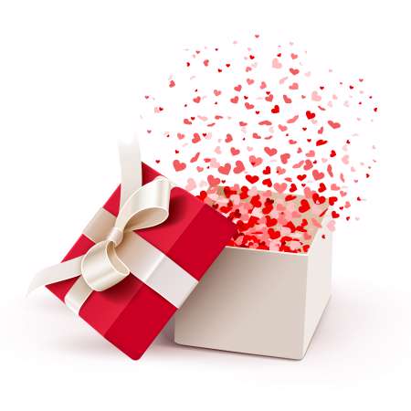 Open gift with flying hearts