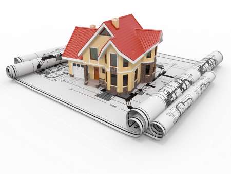 Residential house on architect blueprints. Housing project.