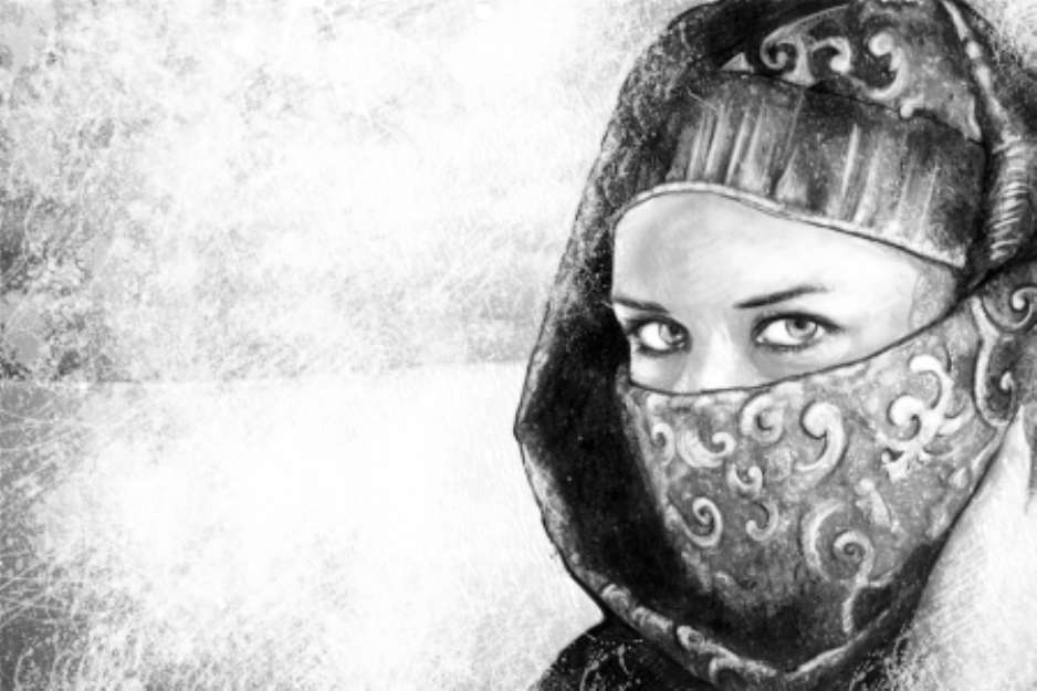 Illustration art, woman dressed in Arab costume, desert in the b