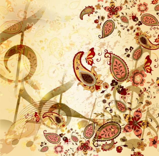 Grunge musical  vintage background with floral  hand drawn eleme