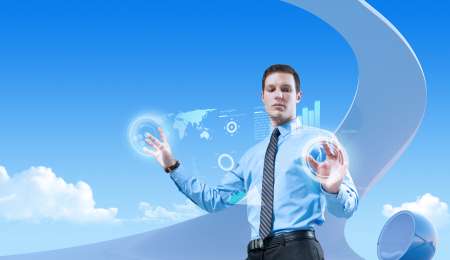 Young businessman using futuristic hologram interface