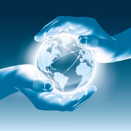 Holding a glowing earth globe in hands - save the world