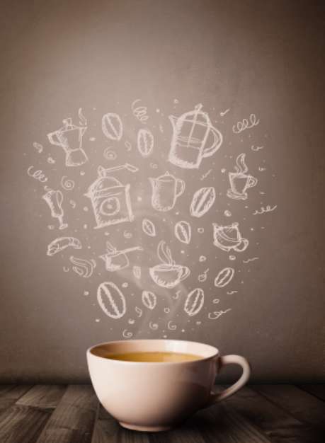 Coffee mug with hand drawn kitchen accessories