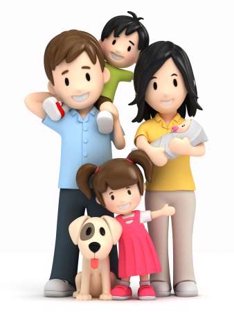 3d render of a happy family and pet