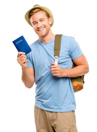 Happy young tourist man holding passport white background