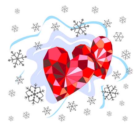 Beautiful background with ruby hearts and snowflakes