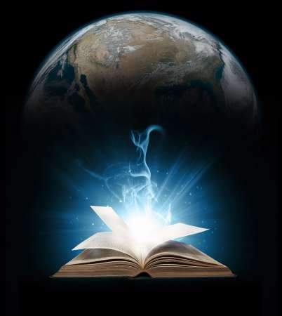 Glowing book with earth