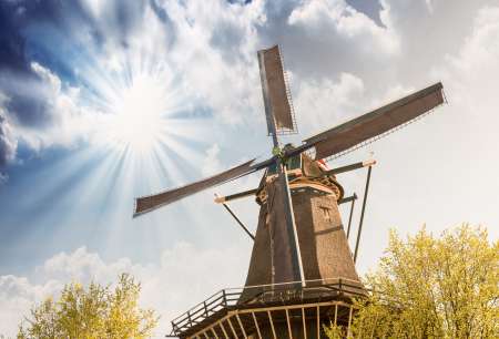 Netherlands. Beautiful view of Windmill with colourful sky