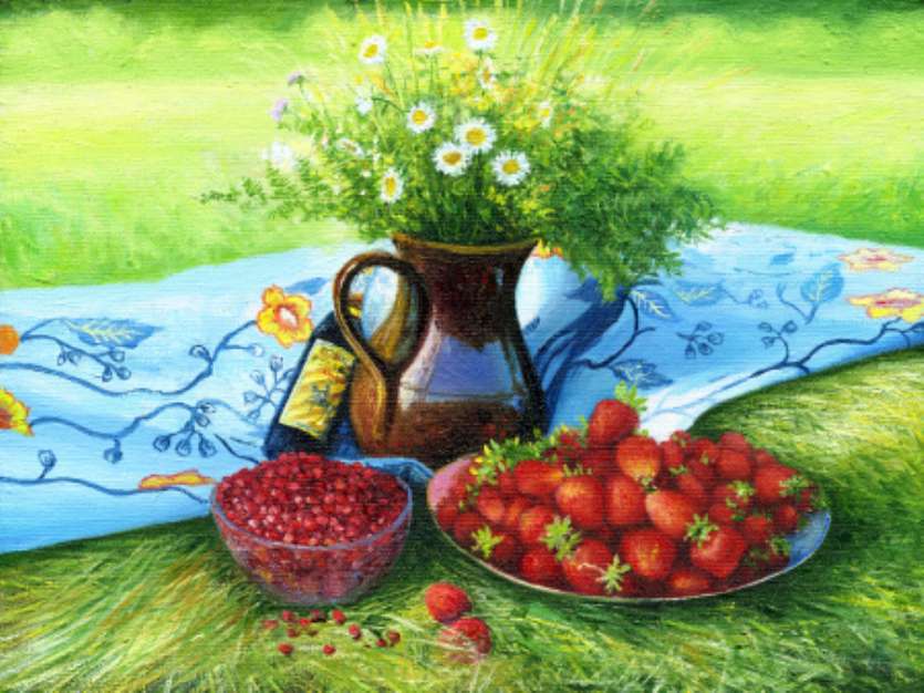 Still-life with camomiles and a strawberry