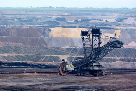 Giant bucket wheel excavator in an open pit
