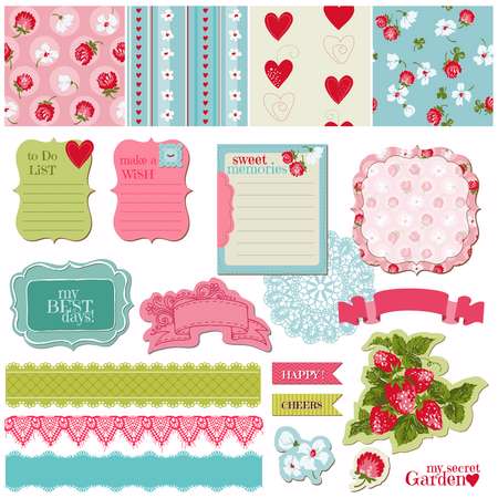 Scrapbook Design Elements - Vintage Flowers and Strawberry Set -