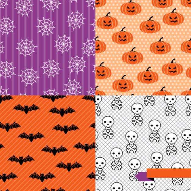 Seamless backgrounds of Halloween-related objects and creatures.