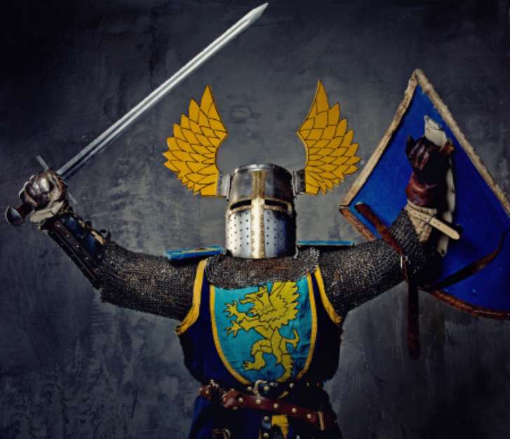 Medieval knight on grey background.