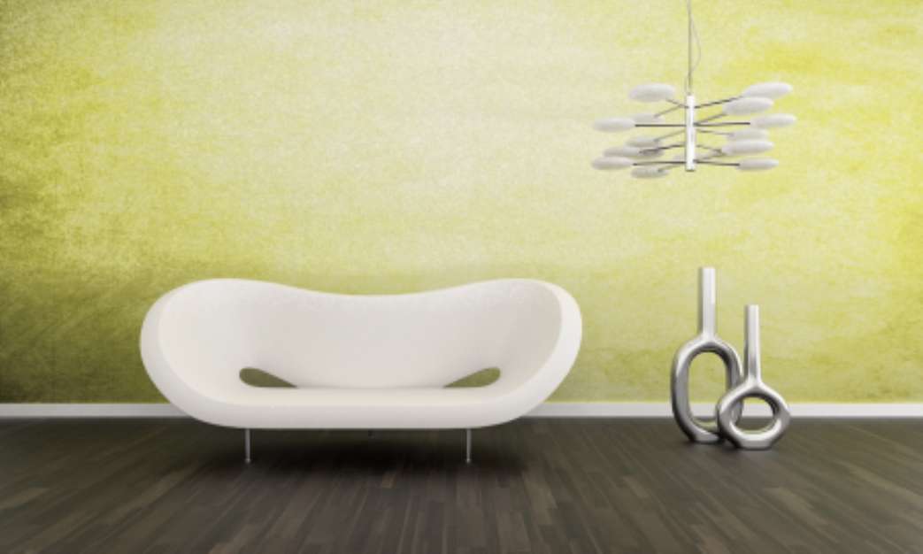 Modern white couch in front of colorful wall | 3d interior