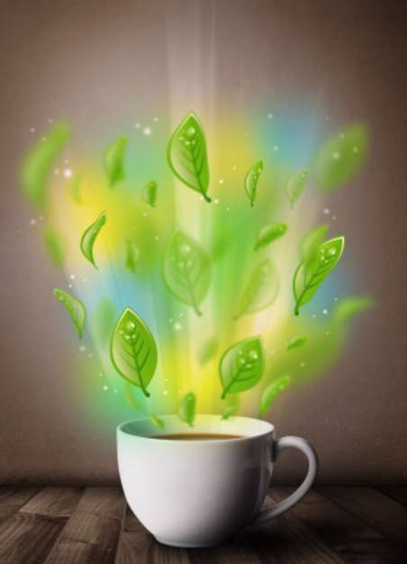 Tea cup with leaves and colorful abstract lights