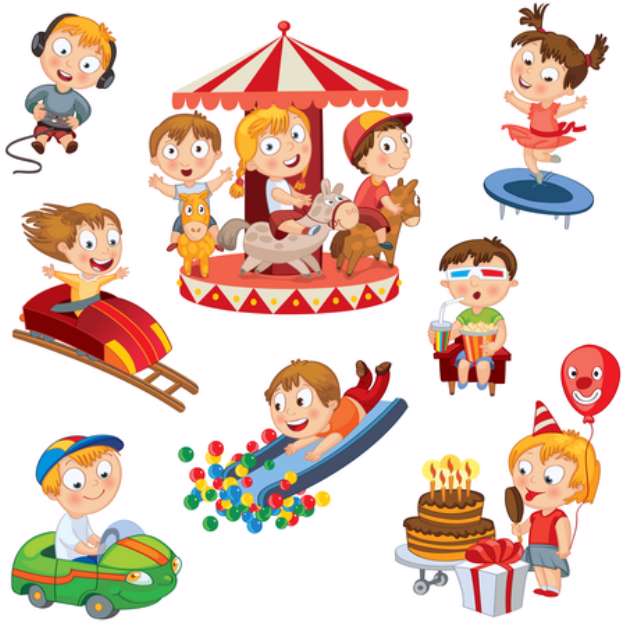 Amusement Park. Children ride on carousel, trampoline
