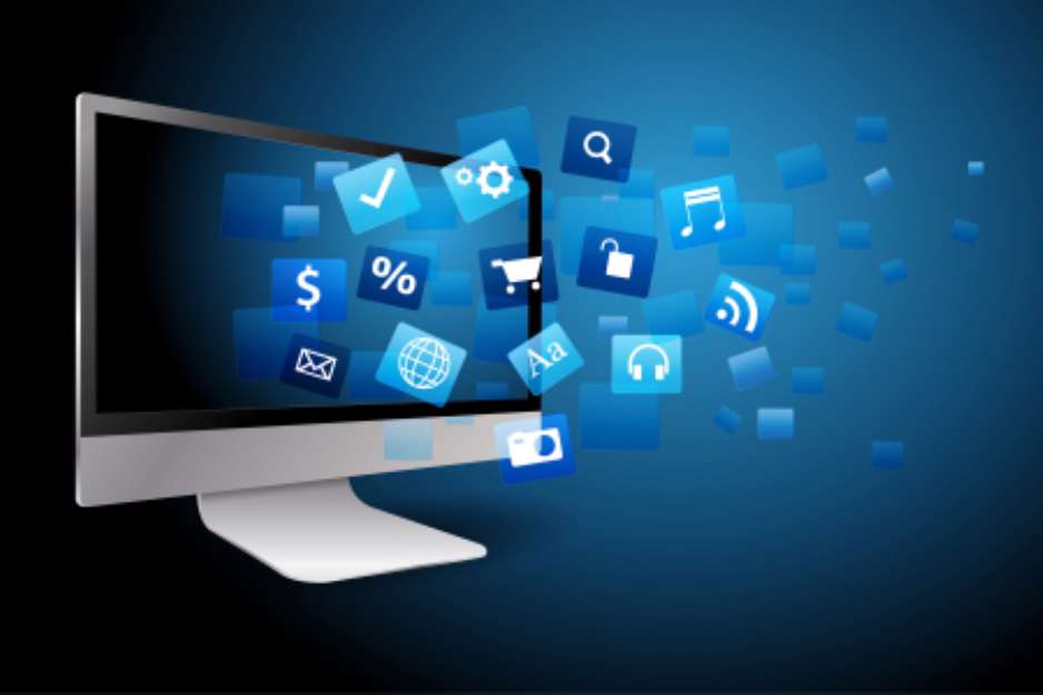 Vector desktop computer with cloud of color application icons