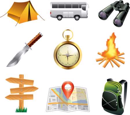 tourism and camping icons detailed vector set