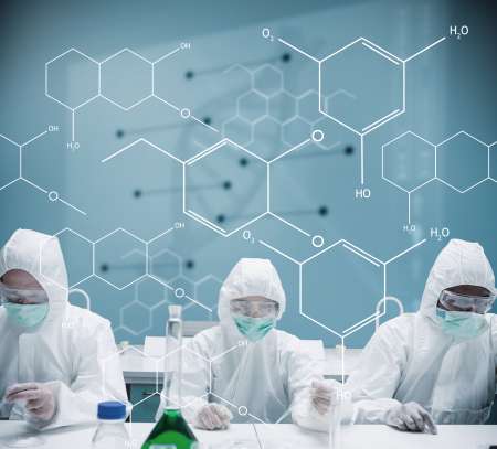 Chemists working in protective suit with futuristic interface sh