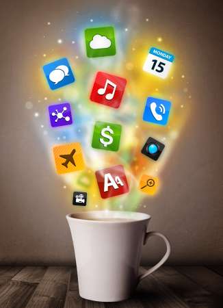 Coffee mug with colorful media icons