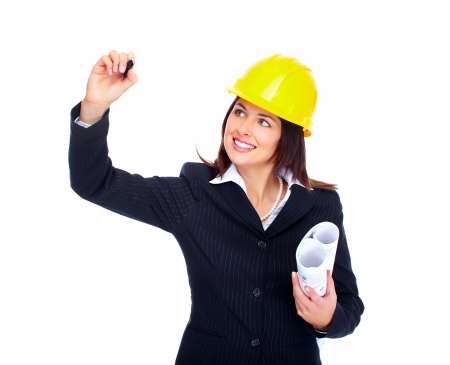 Engineer woman writing on white backgorund.