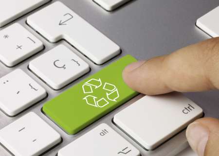 Glass recycling keyboard key. Finger