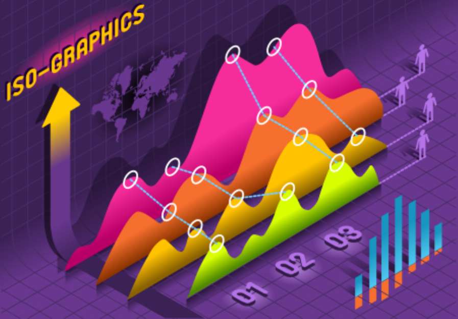 Isometric Infographic  Histogram Set Elements in Various Colors