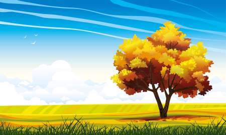 Autumn tree and meadow on a blue sky.