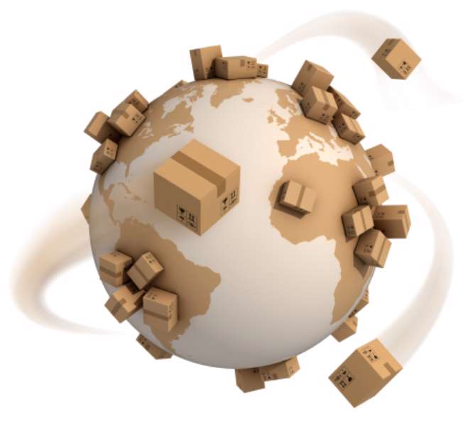 cardboard boxes around the world - global shipment 3d concept