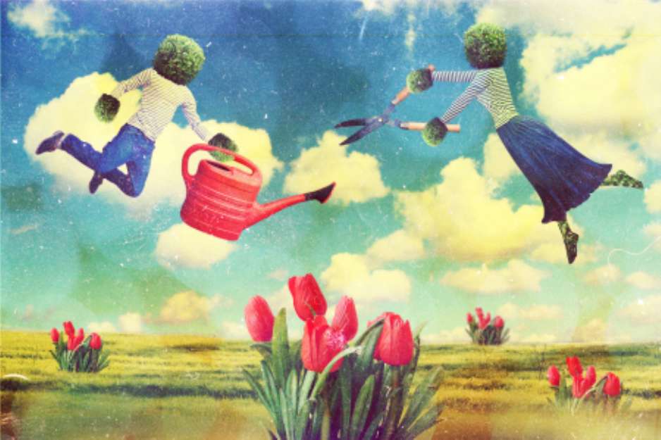 art collage with flying people on nature, vintage