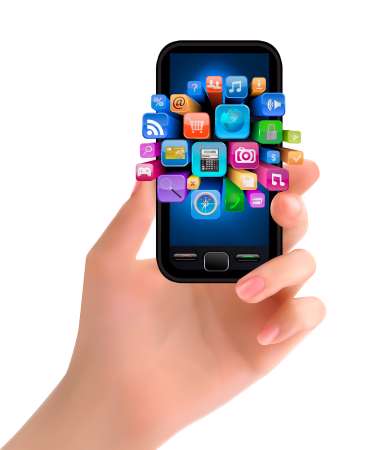 Hand holding mobile phone with icons. Vector