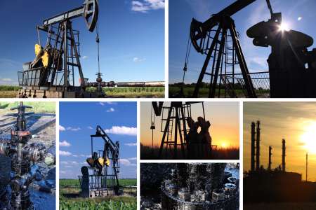 Oil Pump Jack and refinery split screen