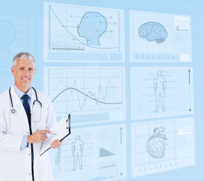 Senior doctor holding a clipboard near to futuristic screens
