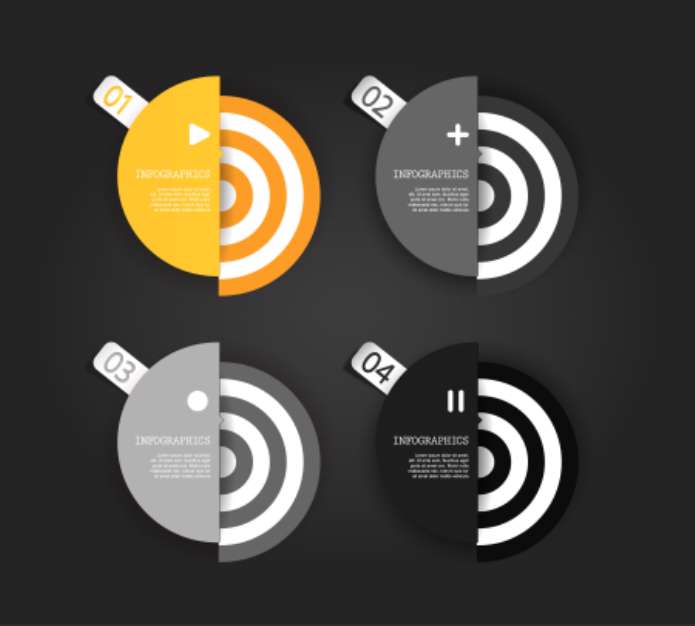 Four colored paper circles with place for your own text.