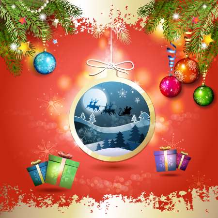 Christmas with gifts and Santa sleigh in hanging ball shape